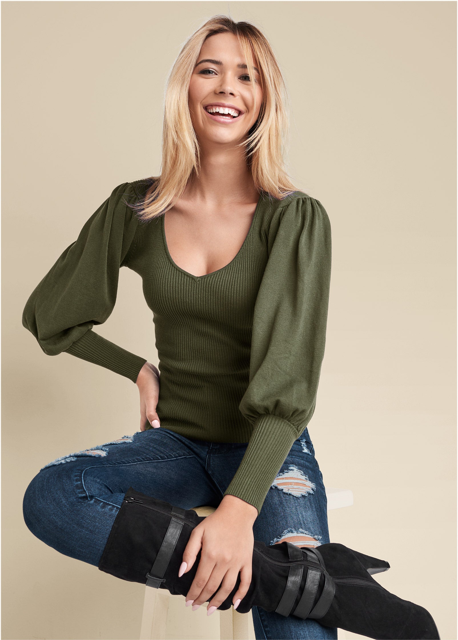 Pull manches bouffantes - Olive