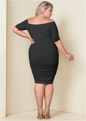 Ruched Mesh Bodycon Dress - Black - thumbnail-8