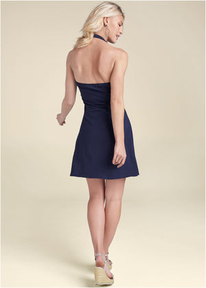 Halter Neck Dress - Navy - thumbnail-2