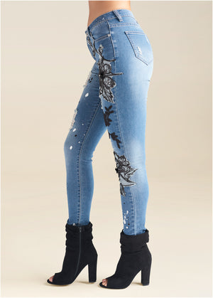 Floral Applique Skinny Jeans - Medium Wash - thumbnail-4