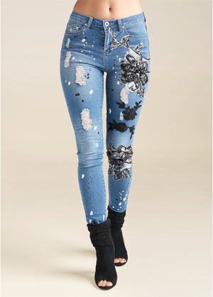 Floral Applique Skinny Jeans - Medium Wash - thumbnail-2