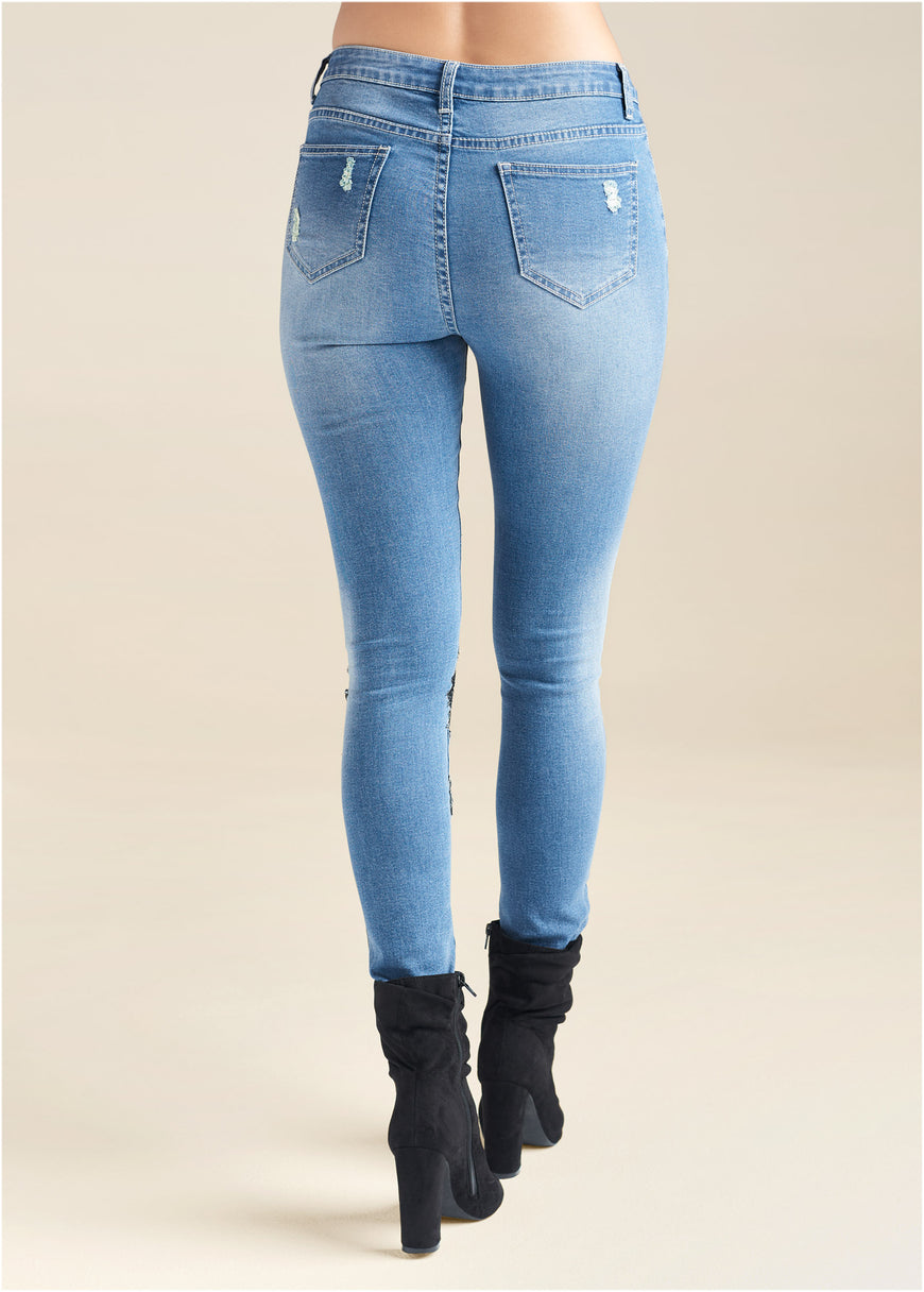 Floral Applique Skinny Jeans - Medium Wash