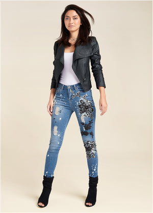 Floral Applique Skinny Jeans - Medium Wash - thumbnail-1