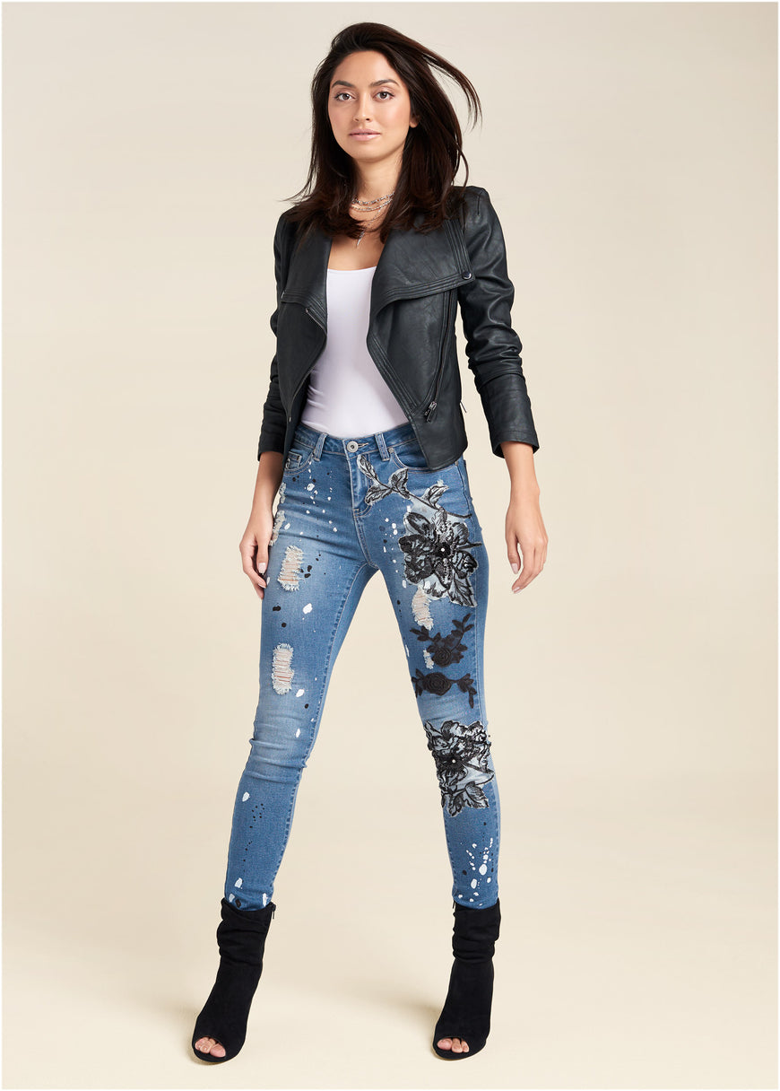 Floral Applique Skinny Jeans - Medium Wash