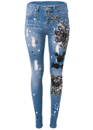 Floral Applique Skinny Jeans - Medium Wash - thumbnail-7