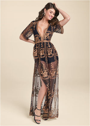 Metallic Embroidered Romper - Black & Gold - thumbnail-1