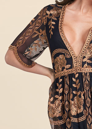 Metallic Embroidered Romper - Black & Gold - thumbnail-3