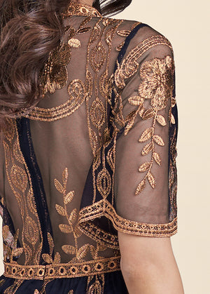 Metallic Embroidered Romper - Black & Gold - thumbnail-4