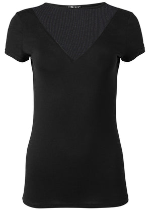 Mesh Detail V-Neck Top - Black - thumbnail-6