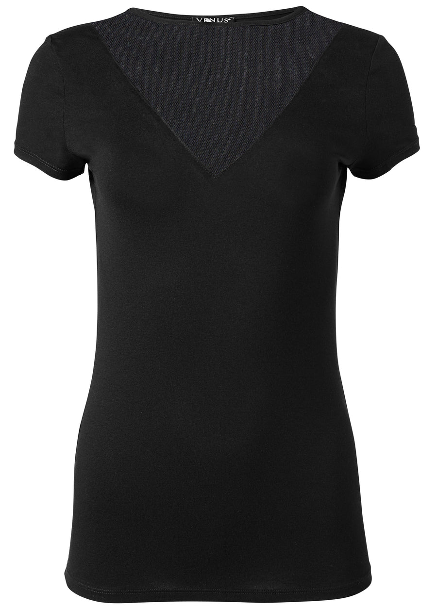 Mesh detail V-neck top - Black