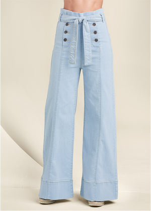 Flare Leg High Waist Jeans - Light Wash - thumbnail-2