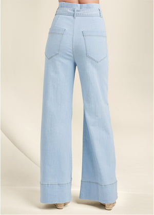 Flare Leg High Waist Jeans - Light Wash - thumbnail-3