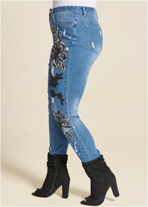 Floral Applique Skinny Jeans - Medium Wash - thumbnail-10