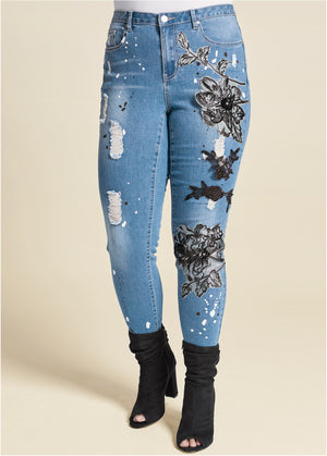 Floral Applique Skinny Jeans - Medium Wash - thumbnail-8