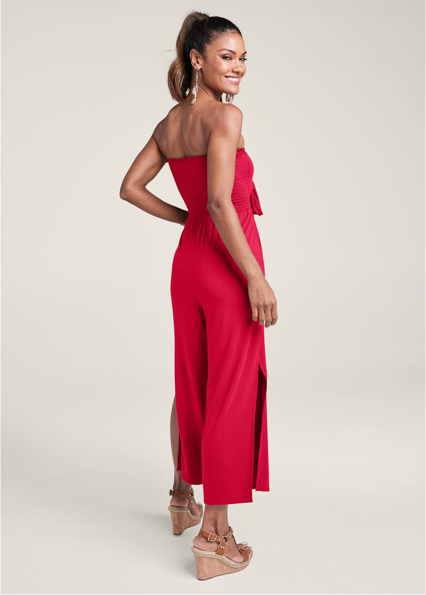 Red tie front jumpsuit on sale