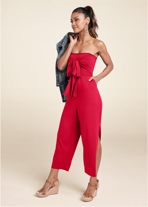 Smocked tie-front jumpsuit - Red - thumbnail-1