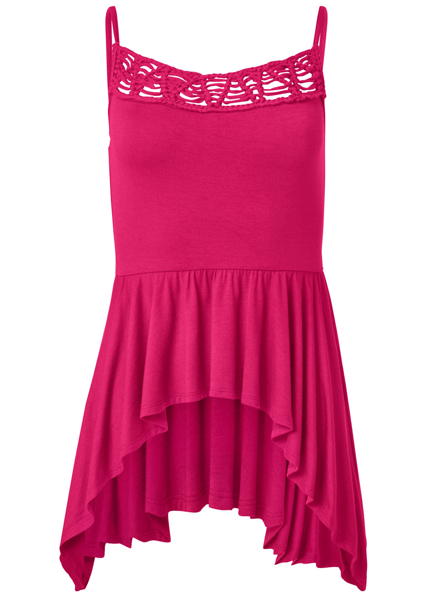 Crochet Trim Handkerchief Hem Top - Fuchsia