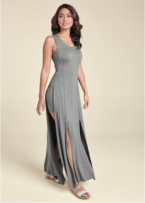 High Slit Casual Maxi Dress - Heather Grey - thumbnail-1