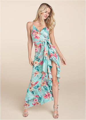 Floral print wrap dress - Aqua Multi - thumbnail-1