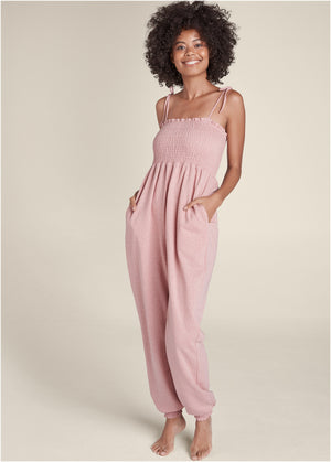 Smocked Lounge Jumpsuit - Heathered Pink - thumbnail-1