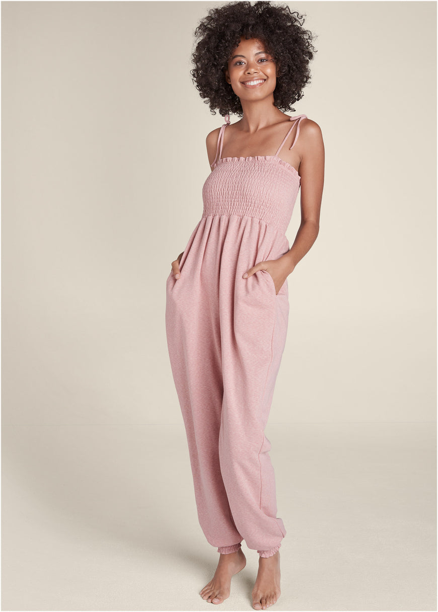 Smocked Lounge Jumpsuit - Heathered Pink