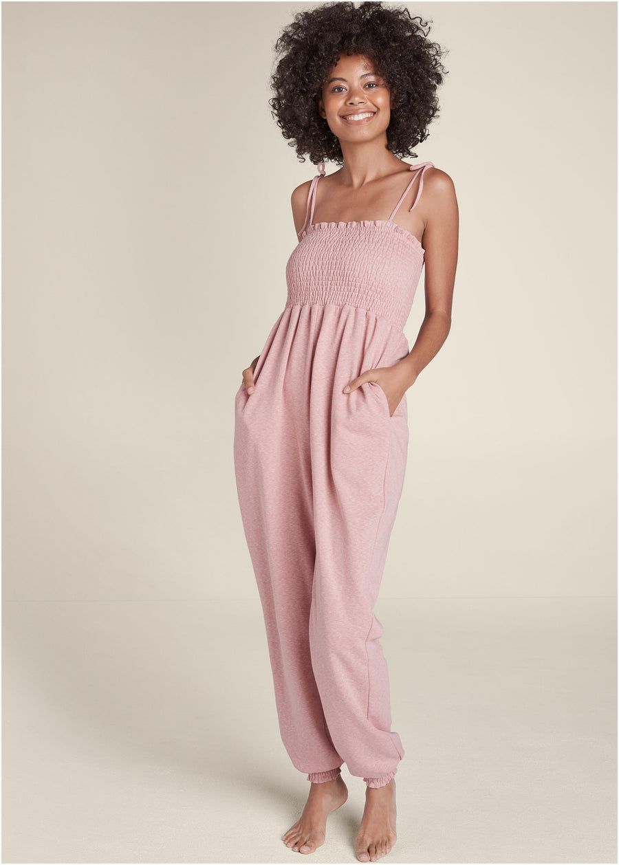 Smocked lounge jumpsuit - Heathered Pink