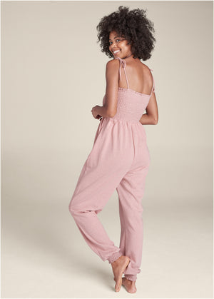 Smocked Lounge Jumpsuit - Heathered Pink - thumbnail-2