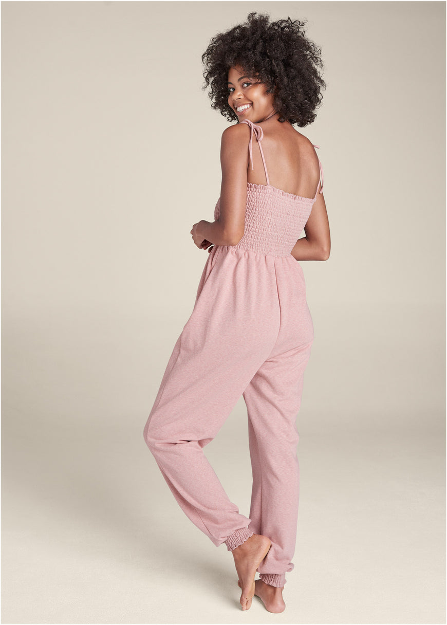 Smocked lounge jumpsuit - Heathered Pink