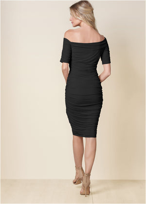 Ruched Mesh Bodycon Dress - Black - thumbnail-2