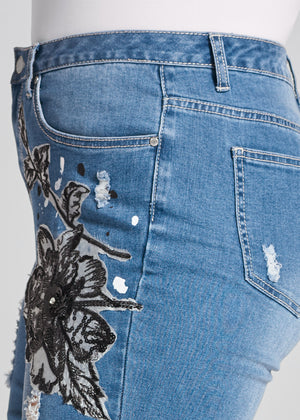 Floral Applique Skinny Jeans - Medium Wash - thumbnail-13