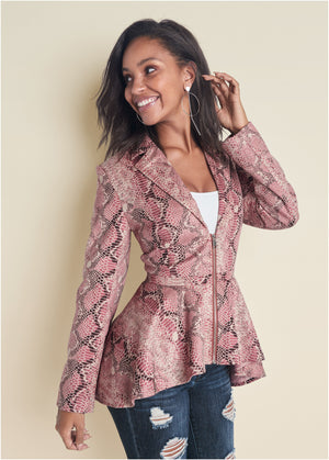 Python Print Hi-Low Faux Suede Jacket - Pink Multi - thumbnail-1