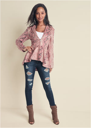 Python Print Hi-Low Faux Suede Jacket - Pink Multi - thumbnail-2