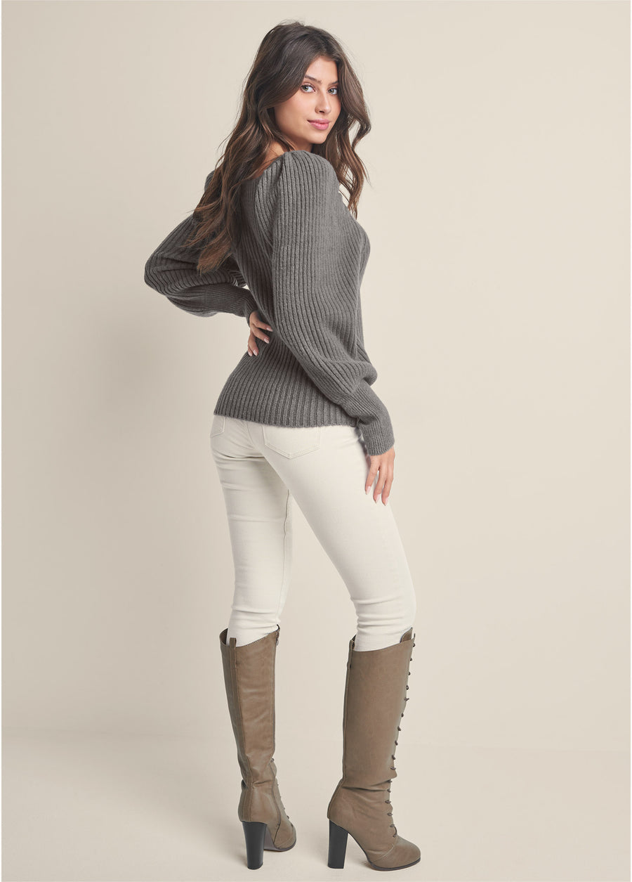 Square Neck Puff Sleeve Sweater - Dark Grey