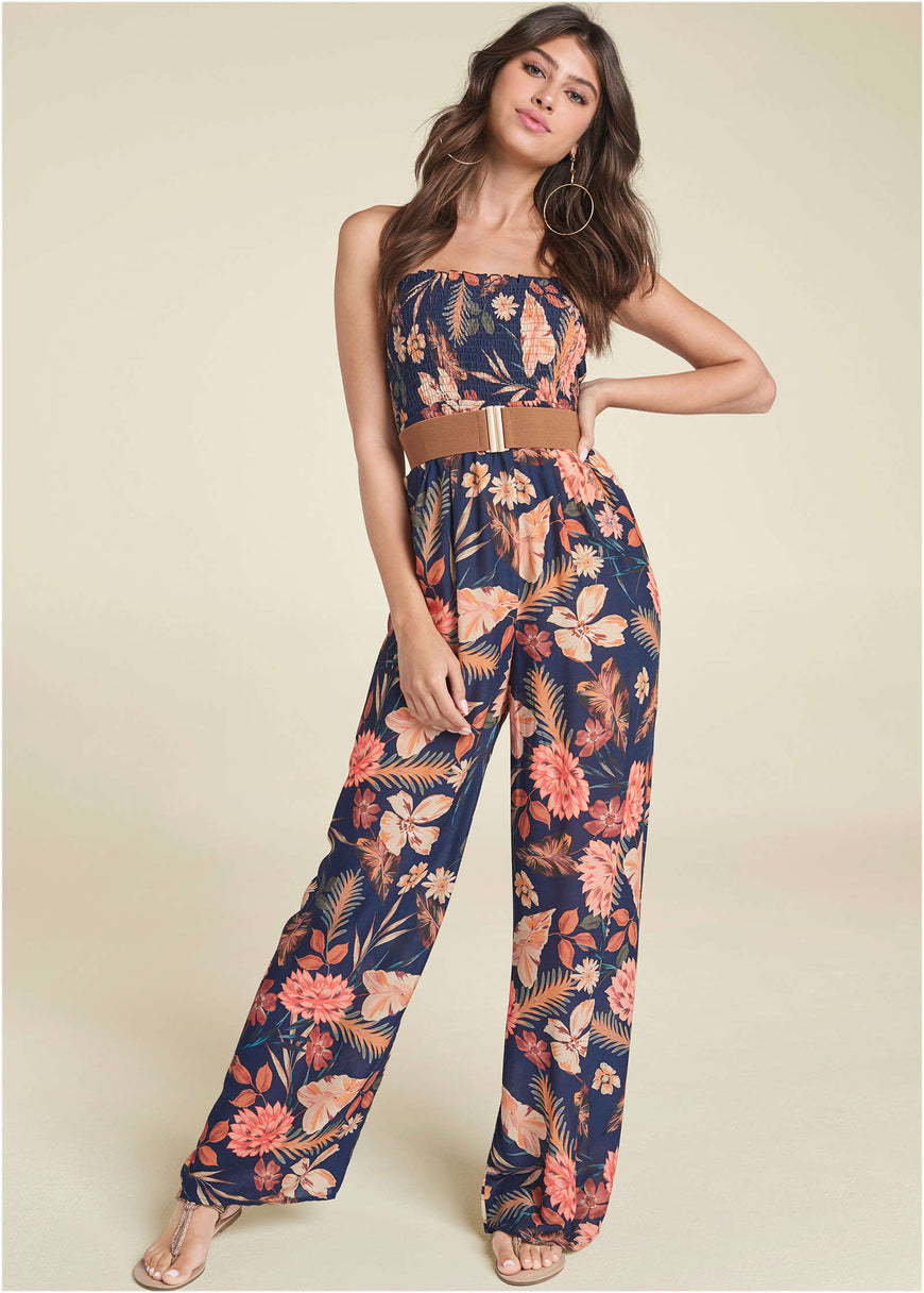 Floral Strapless Jumpsuit - Black Multi