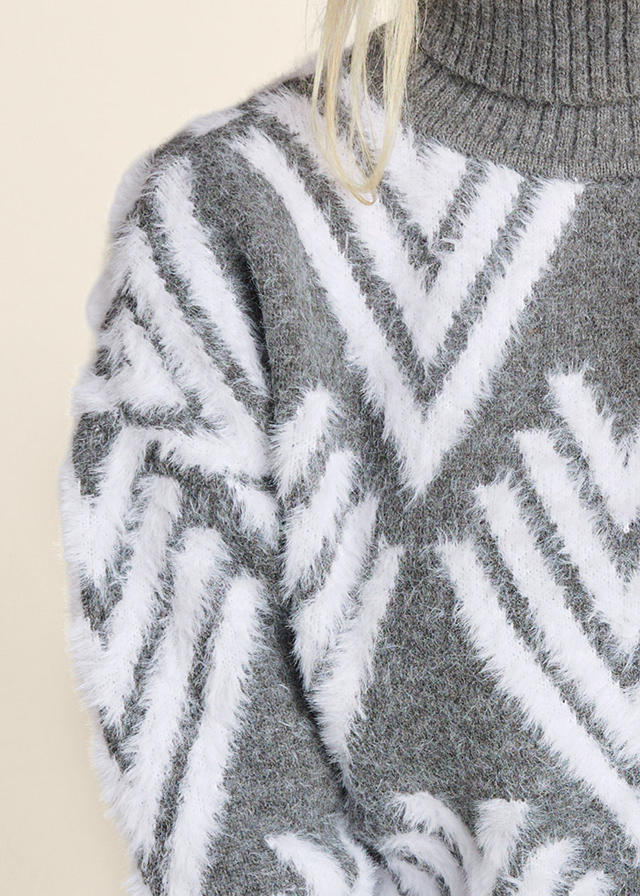 Printed Eyelash Turtleneck Sweater - Grey Multi