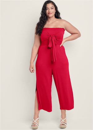 Smocked Tie-Front Jumpsuit - Red - thumbnail-7