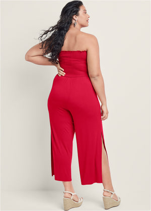 Smocked tie-front jumpsuit - Red - thumbnail-8