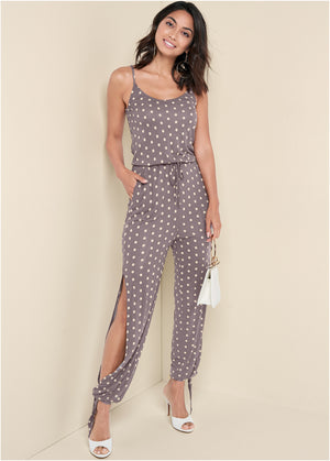 Polka Dot Jumpsuit - Taupe - thumbnail-1