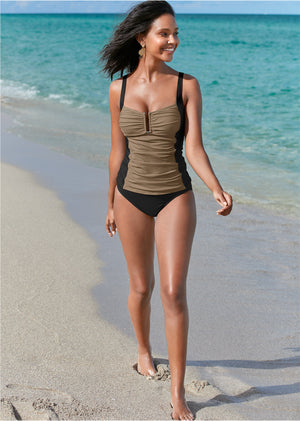 Slenderizing Tankini Top - Black & Sahara - thumbnail-1