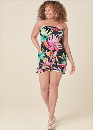 Strapless Floral Romper - Black Multi - thumbnail-9