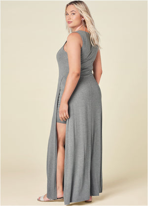 High Slit Casual Maxi Dress - Heather Grey - thumbnail-8