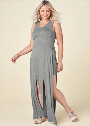 High Slit Casual Maxi Dress - Heather Grey - thumbnail-7