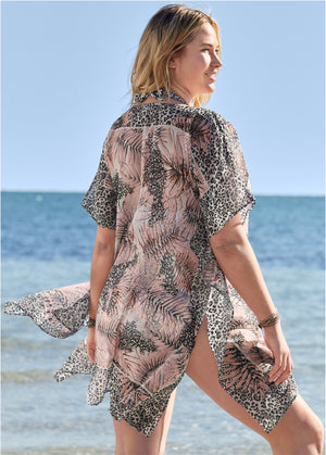 Front Tie Kimono Cover-Up - Wild Stripe Leopard - thumbnail-5