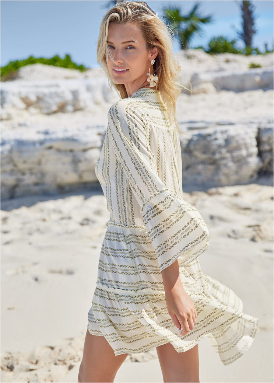 Ruffle Coverup Dress - Taupe & White