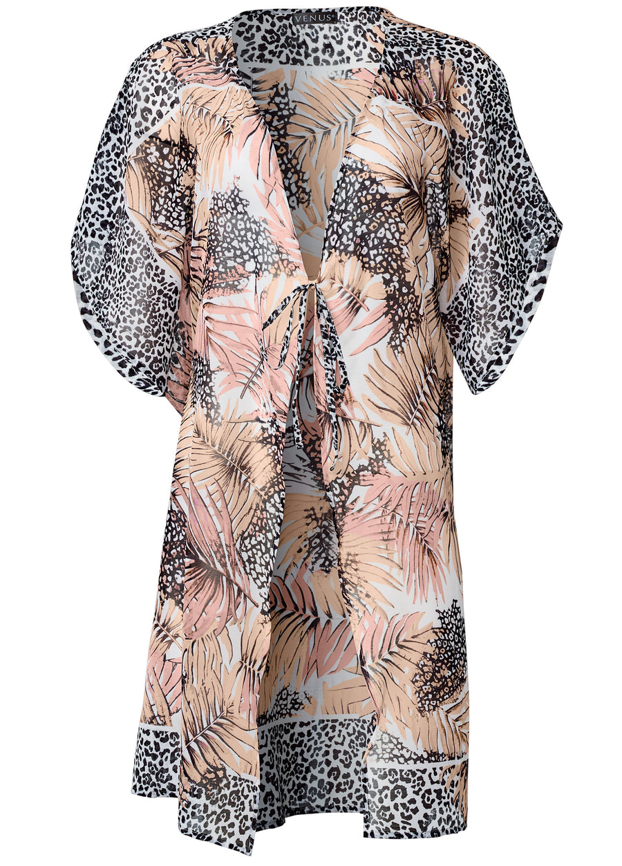 Front Tie Kimono Cover-Up - Wild Stripe Leopard