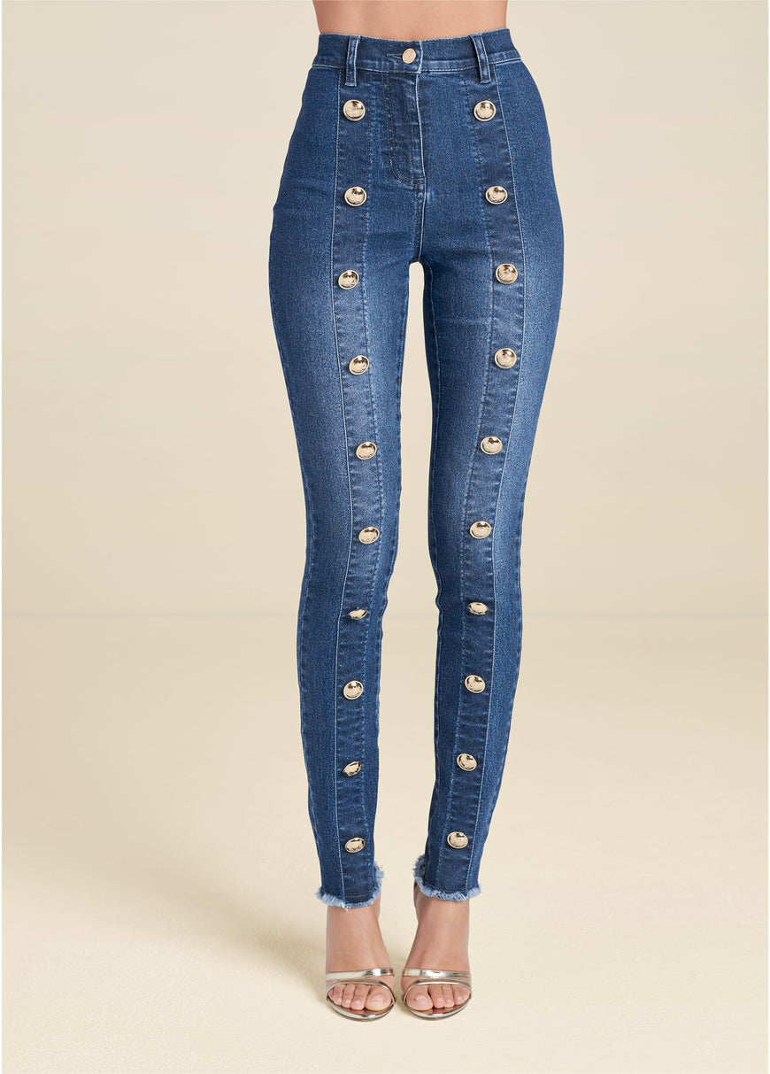 Jean skinny taille haute avec boutons - Délavage moyen