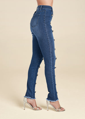 Jean skinny taille haute avec boutons - Délavage moyen - thumbnail-4