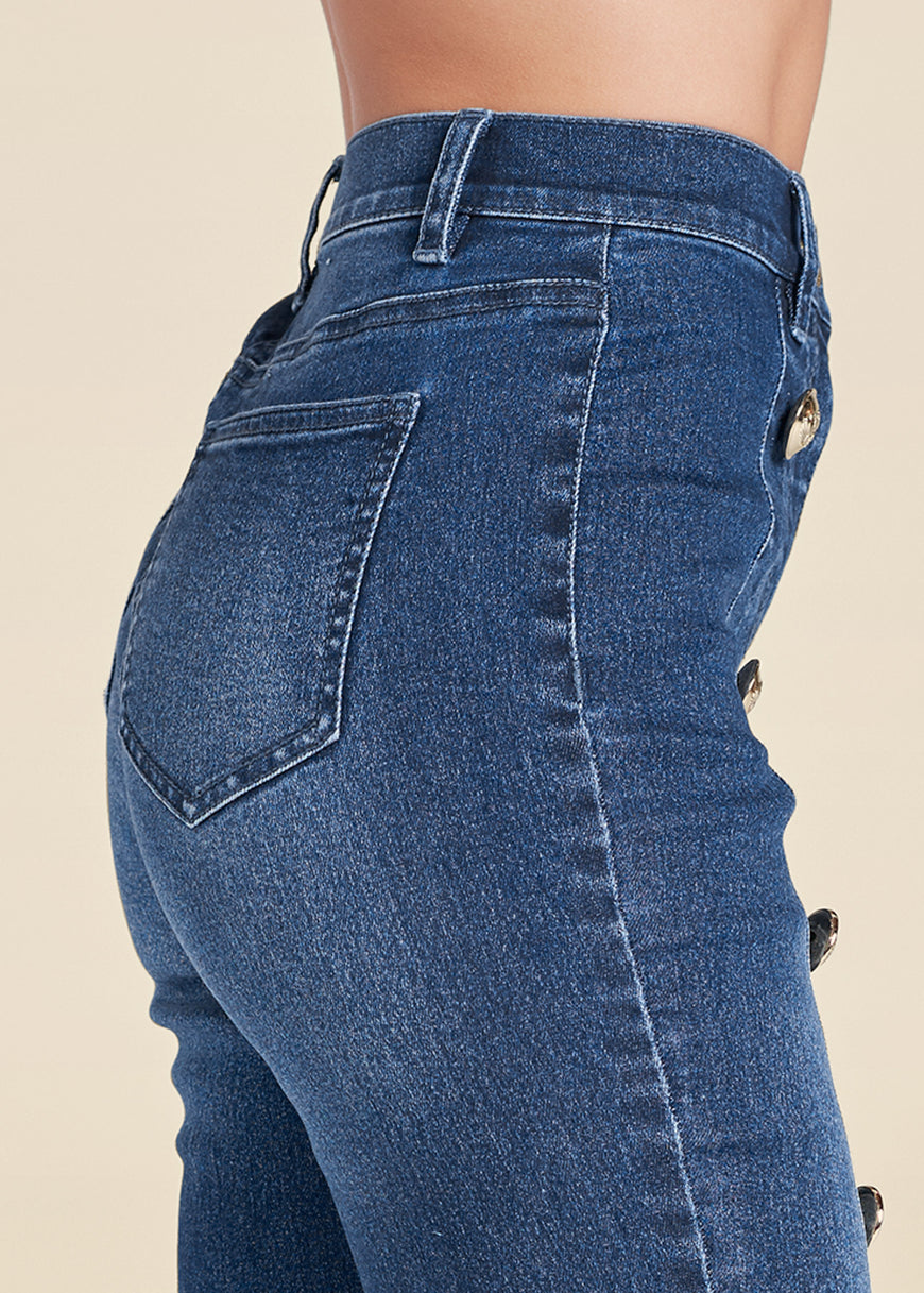 Jean skinny taille haute avec boutons - Délavage moyen