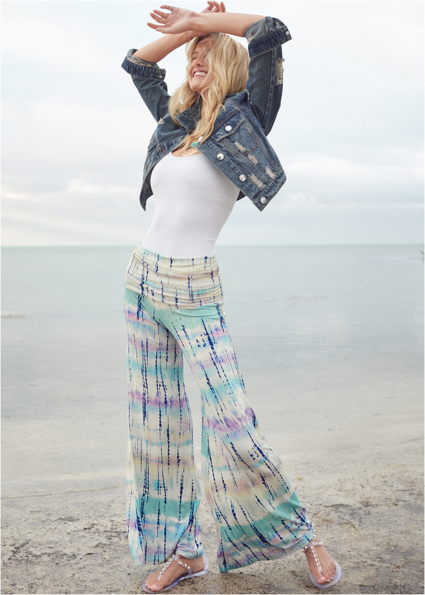 Tie Dye Fold Over Pants - White Multi