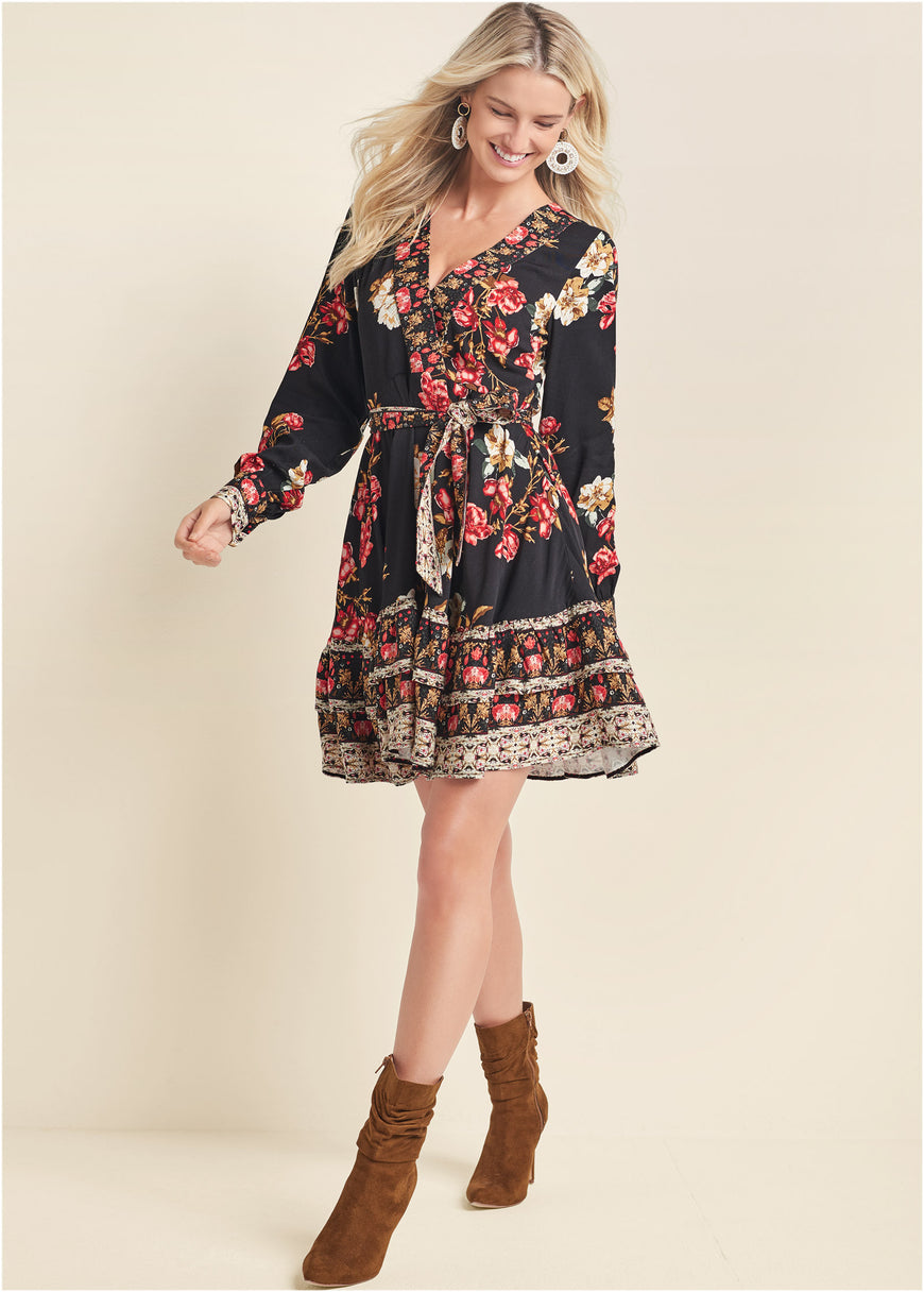 Floral Print Mini Dress - Black Multi